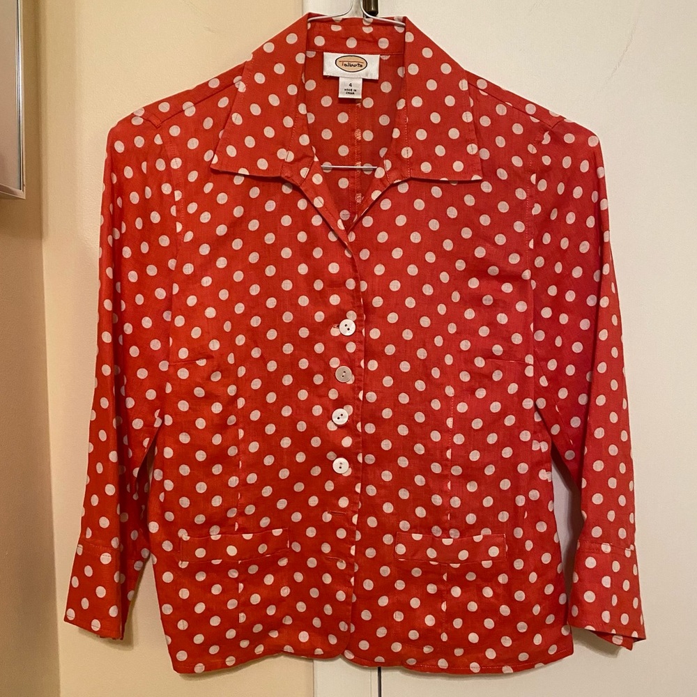 Talbots Retro Red and White Polka Dot Linen Button Down Blouse